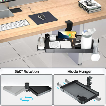 Under Desk Organizer - 360° Rotating Clamp-On Tray with Headphone Hook, Phone & Tablet Holder, Cup Holder, and Cable Management - No Drilling Desk Storage Accessories for Office and Home