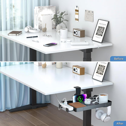 Under Desk Organizer - 360° Rotating Clamp-On Tray with Headphone Hook, Phone & Tablet Holder, Cup Holder, and Cable Management - No Drilling Desk Storage Accessories for Office and Home