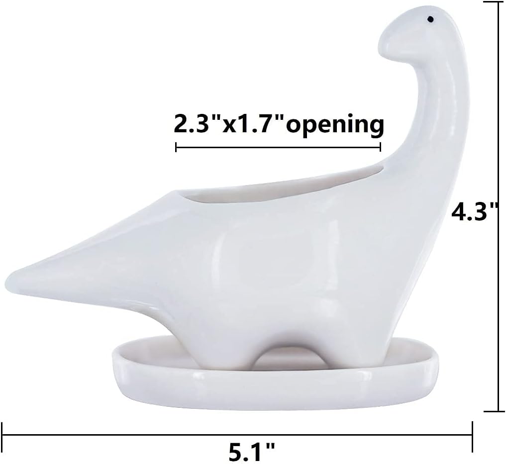 White Dinosaur Ceramic Succulent Planter Flower Plant Pot Window Box with Saucer Cartoon Animal Decor, 5 Inch, Indoor Outdoor