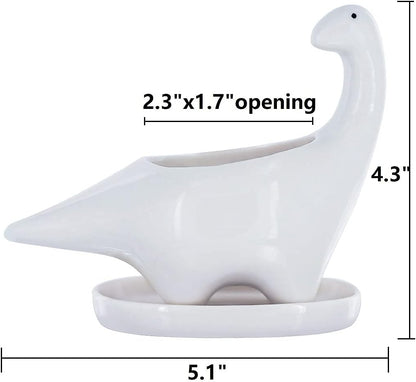 White Dinosaur Ceramic Succulent Planter Flower Plant Pot Window Box with Saucer Cartoon Animal Decor, 5 Inch, Indoor Outdoor