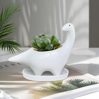 White Dinosaur Ceramic Succulent Planter Flower Plant Pot Window Box with Saucer Cartoon Animal Decor, 5 Inch, Indoor Outdoor