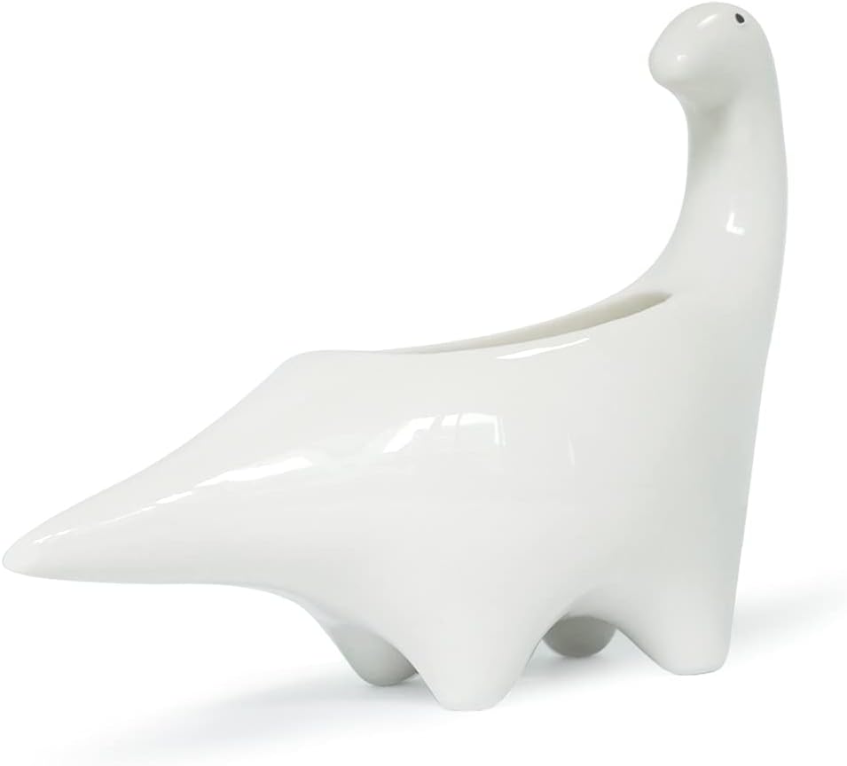 White Dinosaur Ceramic Succulent Planter Flower Plant Pot Window Box with Saucer Cartoon Animal Decor, 5 Inch, Indoor Outdoor
