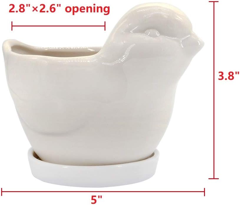White Dinosaur Ceramic Succulent Planter Flower Plant Pot Window Box with Saucer Cartoon Animal Decor, 5 Inch, Indoor Outdoor