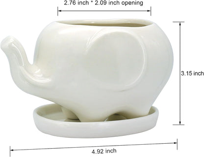White Dinosaur Ceramic Succulent Planter Flower Plant Pot Window Box with Saucer Cartoon Animal Decor, 5 Inch, Indoor Outdoor