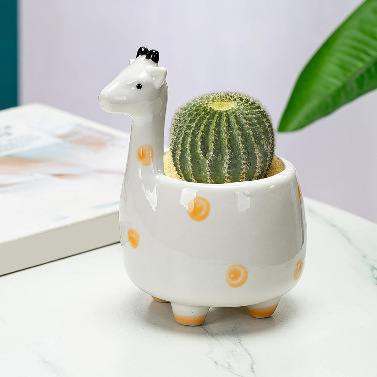 White Dinosaur Ceramic Succulent Planter Flower Plant Pot Window Box with Saucer Cartoon Animal Decor, 5 Inch, Indoor Outdoor