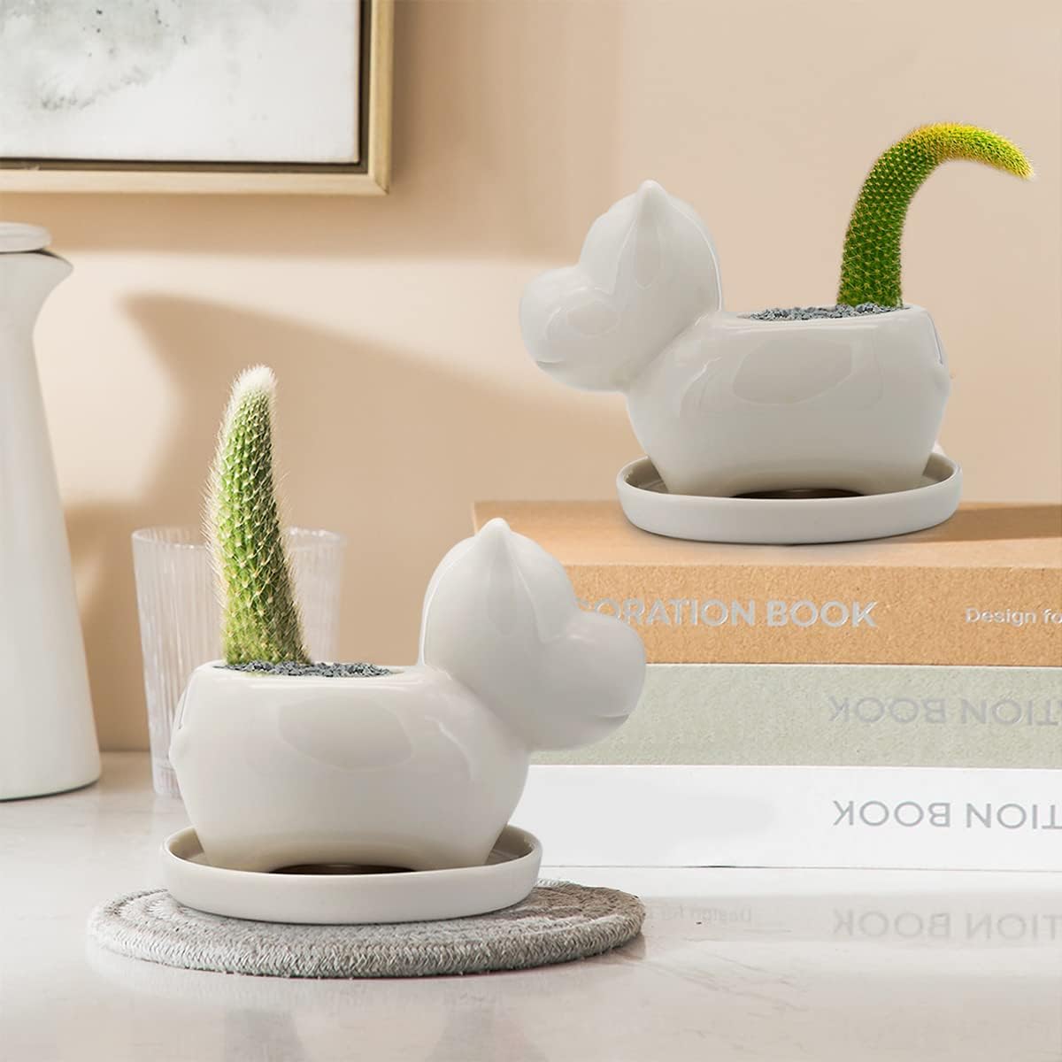 White Dinosaur Ceramic Succulent Planter Flower Plant Pot Window Box with Saucer Cartoon Animal Decor, 5 Inch, Indoor Outdoor