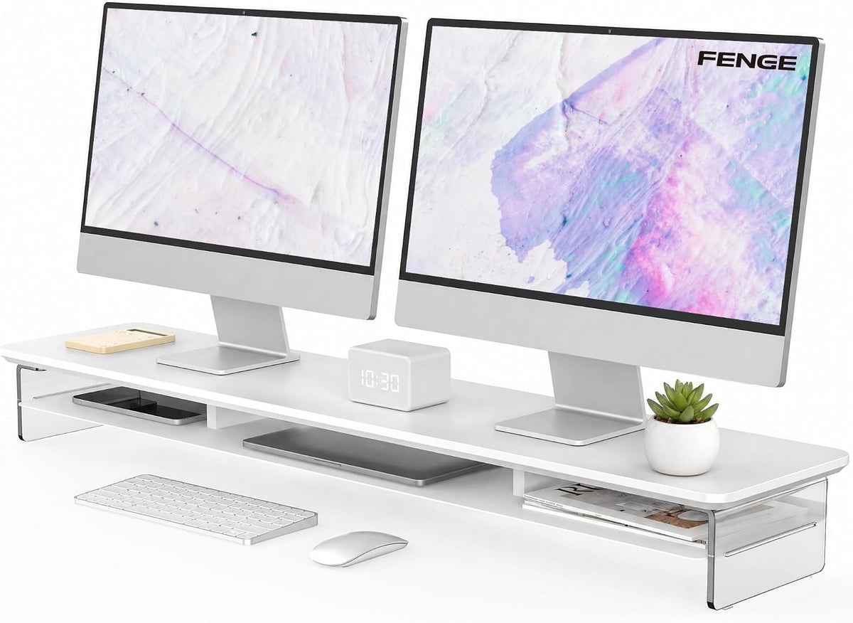 42.5" Dual Monitor Stand with Clear Acrylic Legs, White