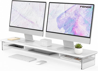 42.5" Dual Monitor Stand with Clear Acrylic Legs, White