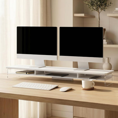 42.5" Dual Monitor Stand with Clear Acrylic Legs, White