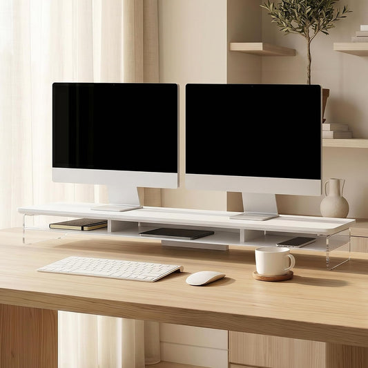 42.5" Dual Monitor Stand with Clear Acrylic Legs, White