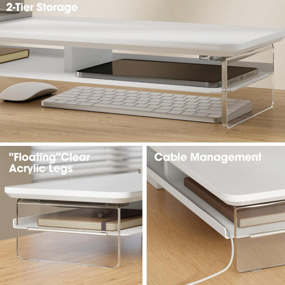 42.5" Dual Monitor Stand with Clear Acrylic Legs, White