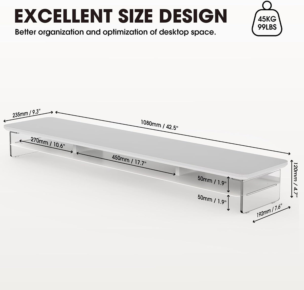 42.5" Dual Monitor Stand with Clear Acrylic Legs, White