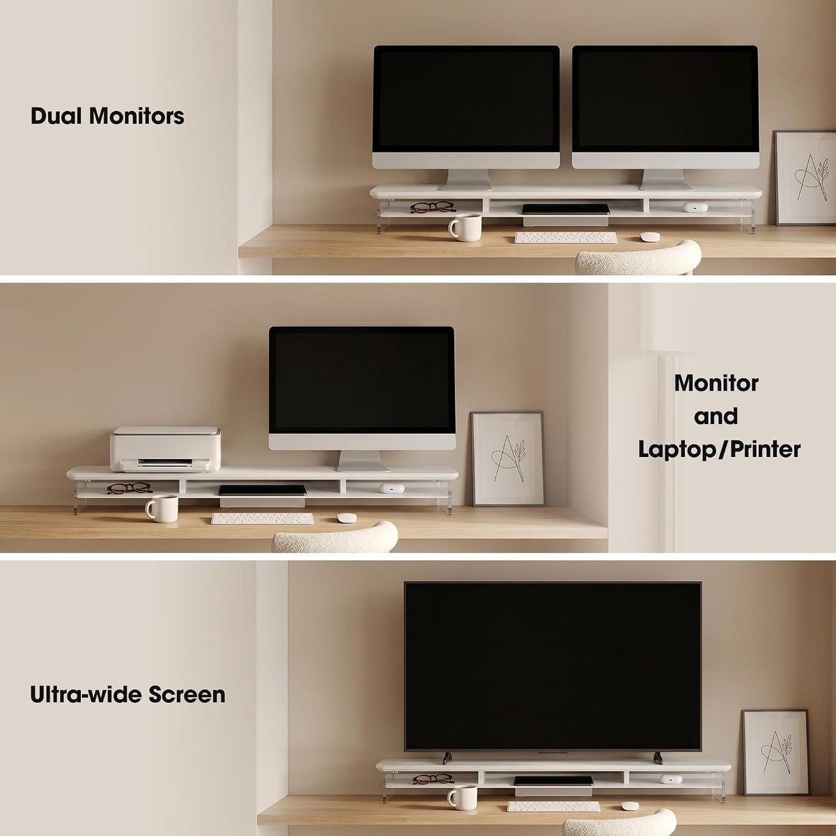 42.5" Dual Monitor Stand with Clear Acrylic Legs, White