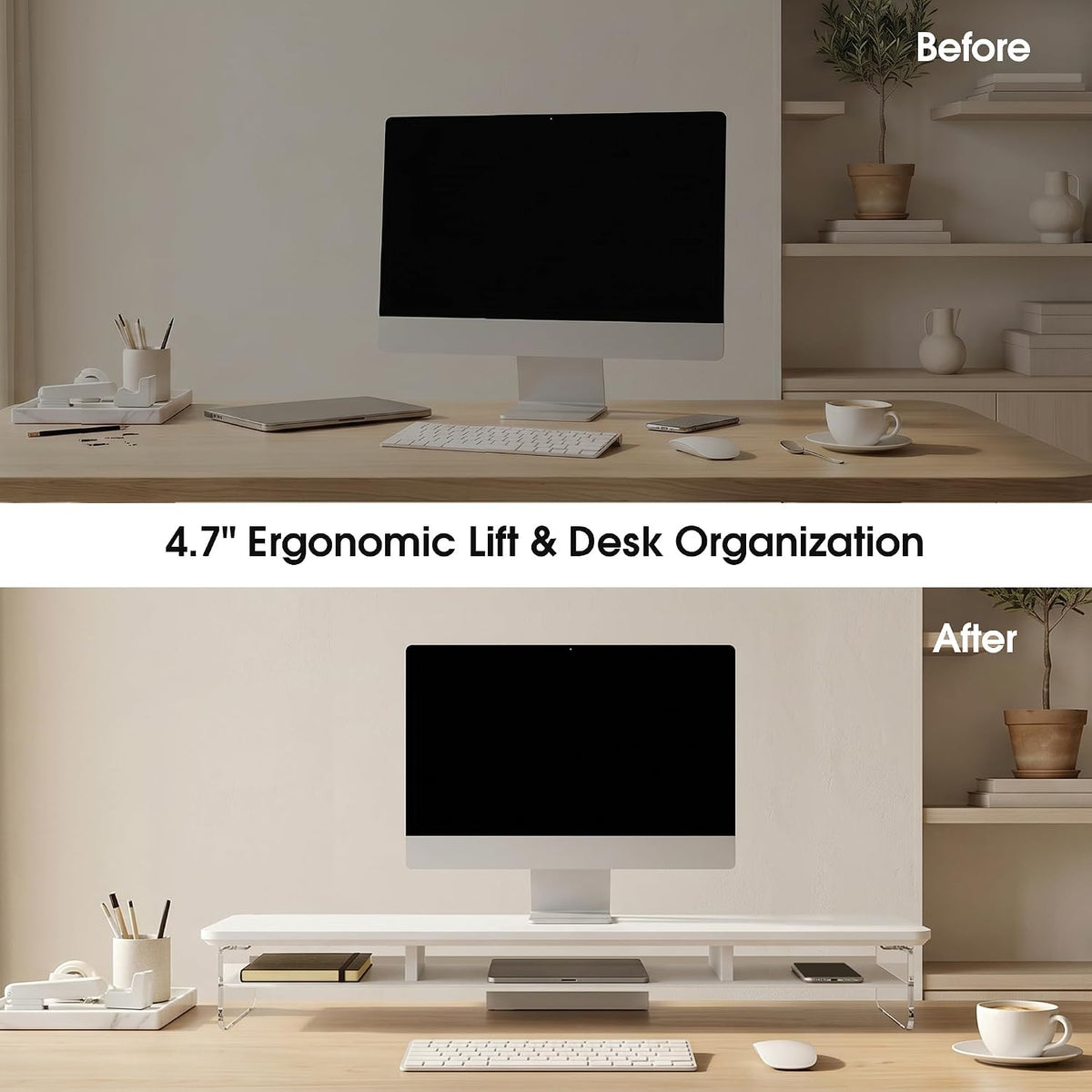 42.5" Dual Monitor Stand with Clear Acrylic Legs, White