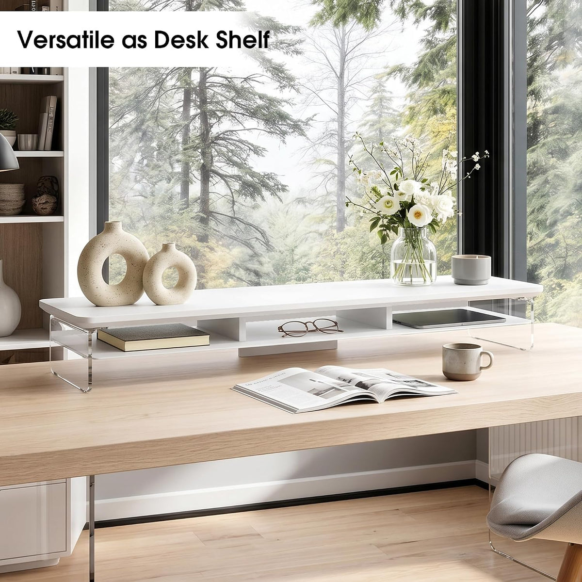 42.5" Dual Monitor Stand with Clear Acrylic Legs, White