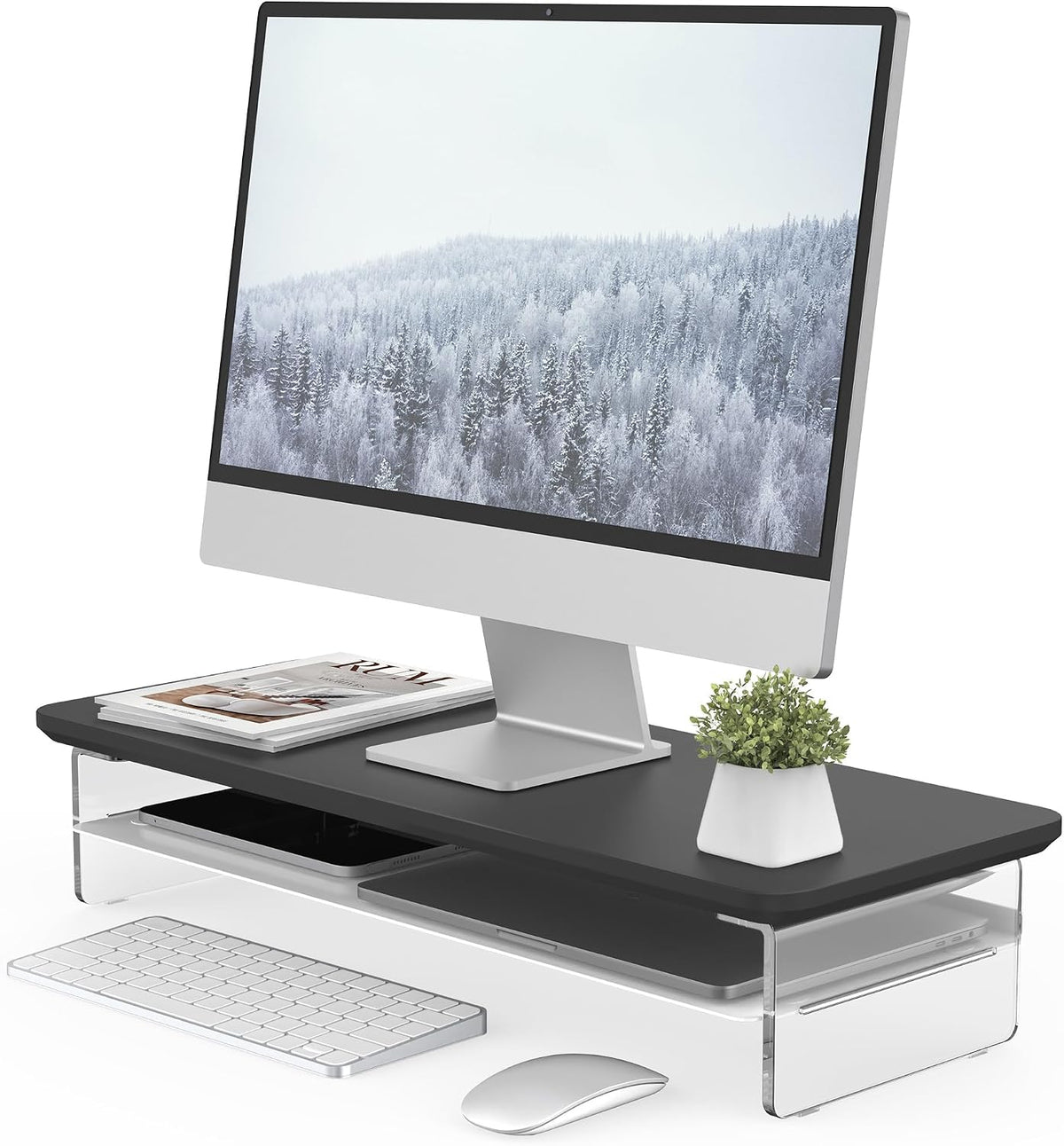 42.5" Dual Monitor Stand with Clear Acrylic Legs, White