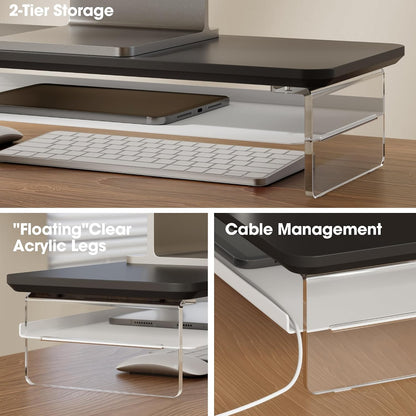 42.5" Dual Monitor Stand with Clear Acrylic Legs, White