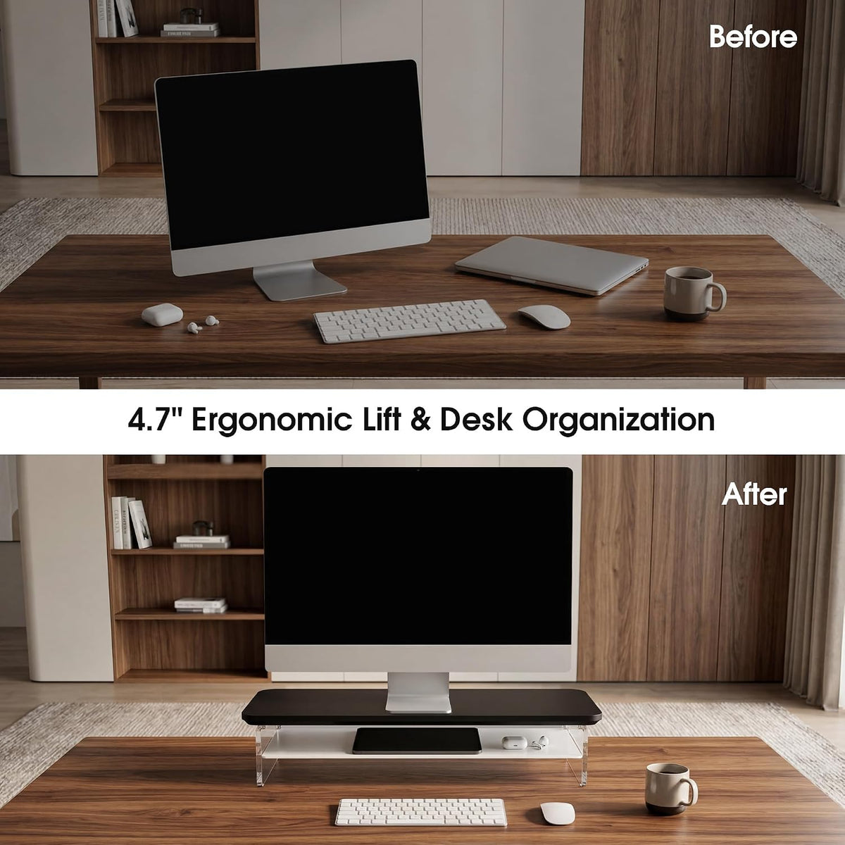 42.5" Dual Monitor Stand with Clear Acrylic Legs, White