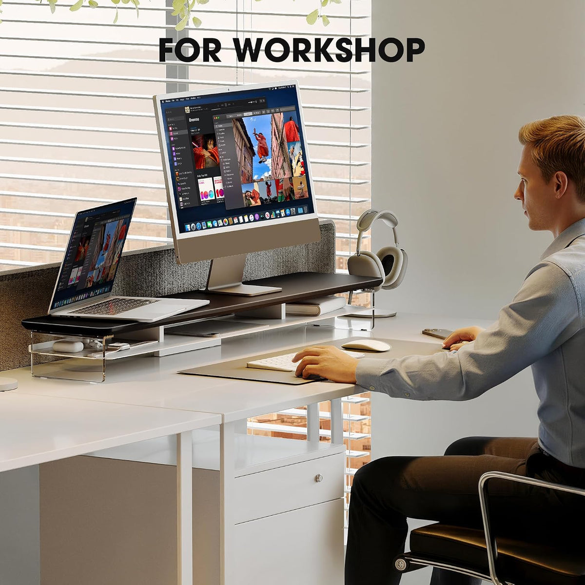 42.5" Dual Monitor Stand with Clear Acrylic Legs, White