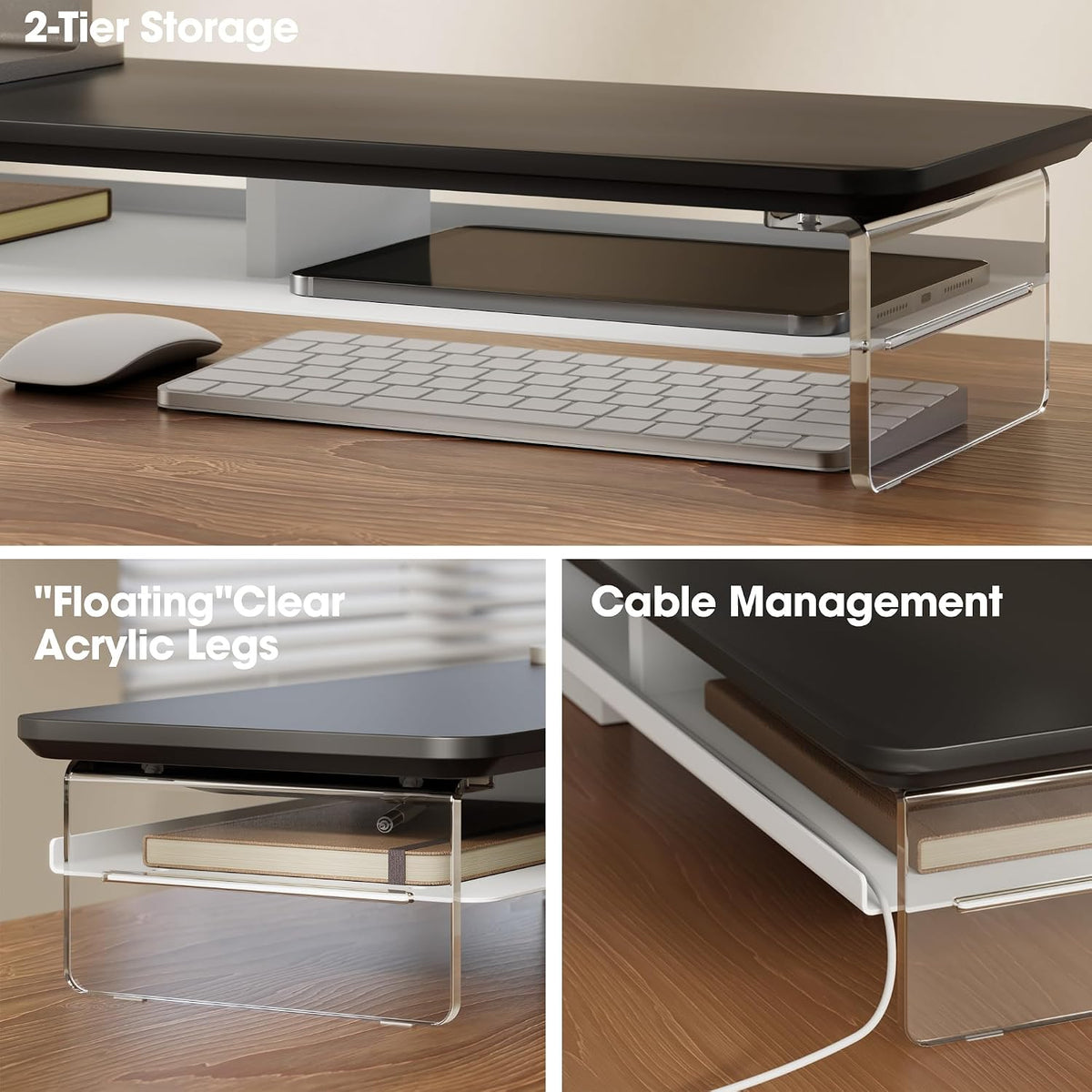 42.5" Dual Monitor Stand with Clear Acrylic Legs, White