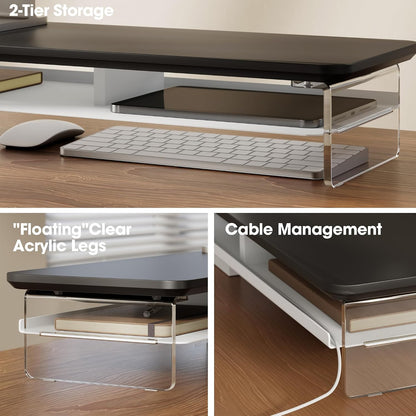 42.5" Dual Monitor Stand with Clear Acrylic Legs, White