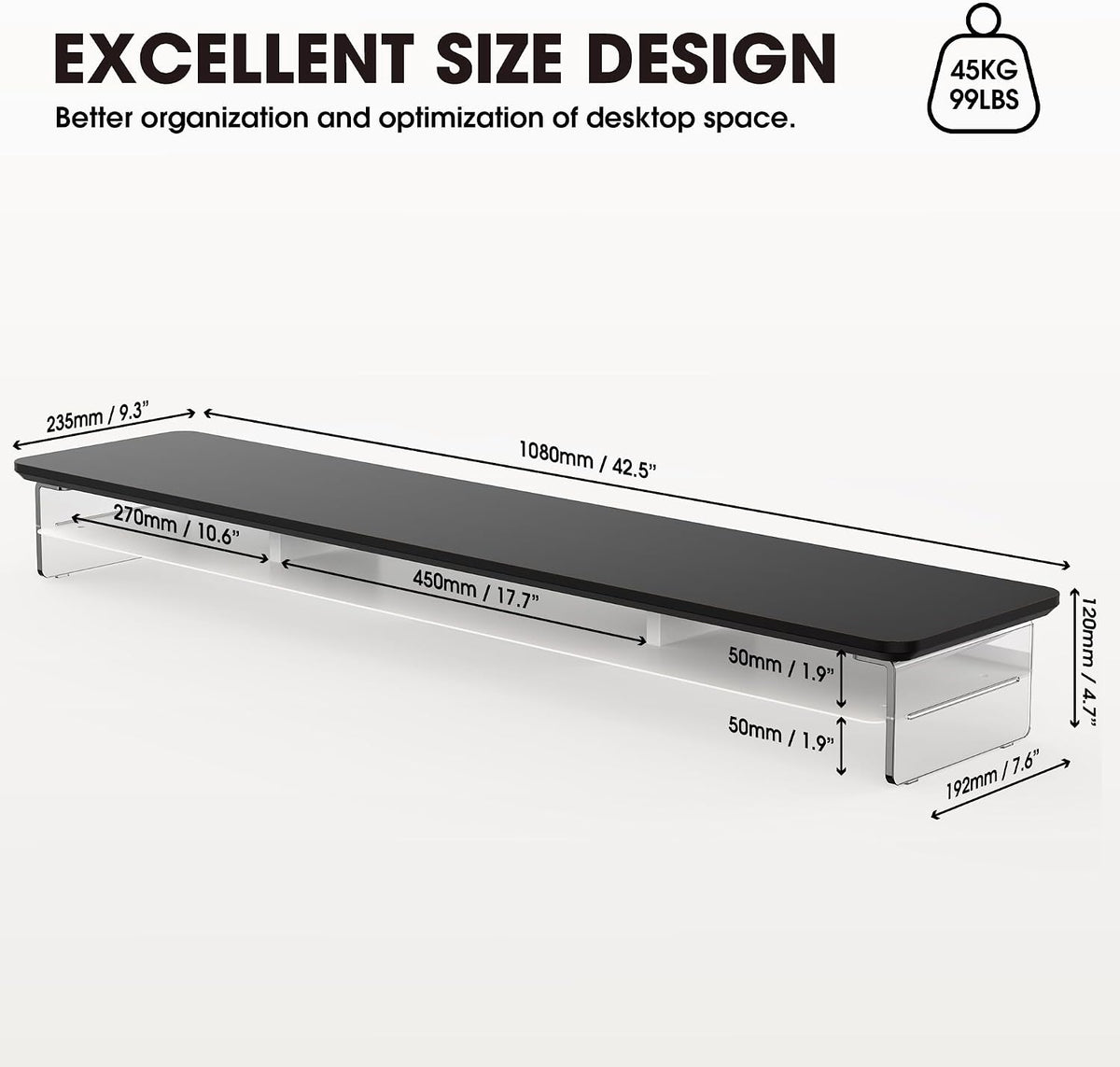 42.5" Dual Monitor Stand with Clear Acrylic Legs, White