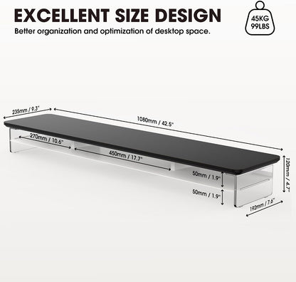 42.5" Dual Monitor Stand with Clear Acrylic Legs, White
