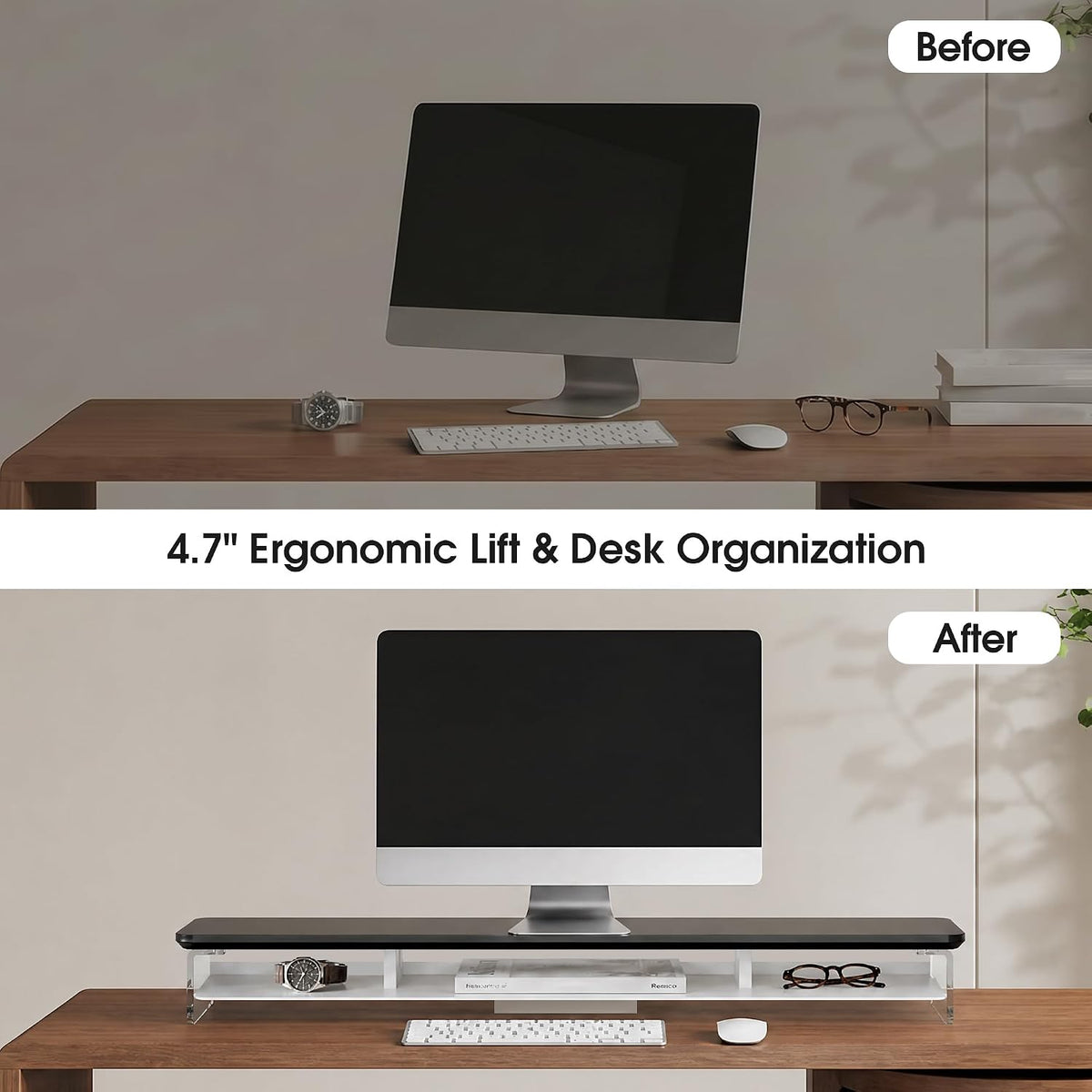 42.5" Dual Monitor Stand with Clear Acrylic Legs, White