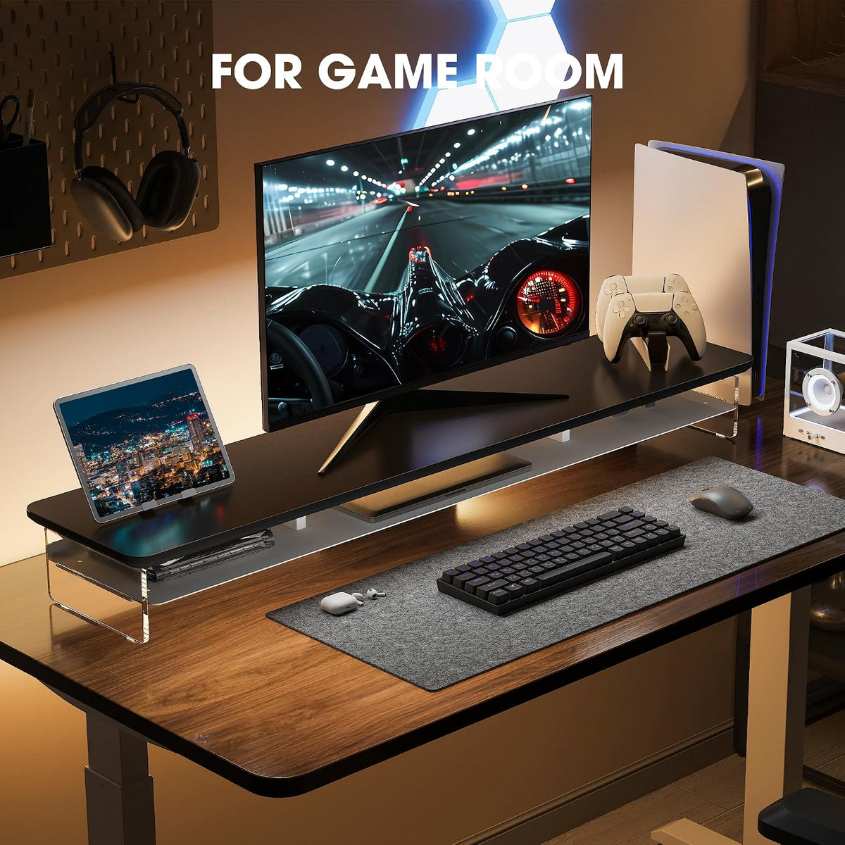 42.5" Dual Monitor Stand with Clear Acrylic Legs, White