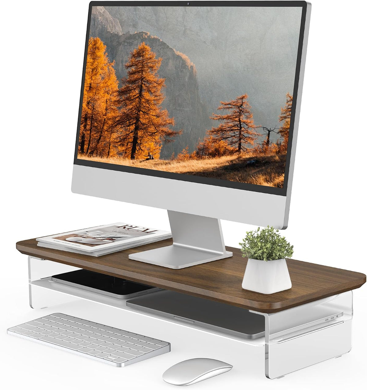 42.5" Dual Monitor Stand with Clear Acrylic Legs, White