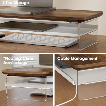 42.5" Dual Monitor Stand with Clear Acrylic Legs, White
