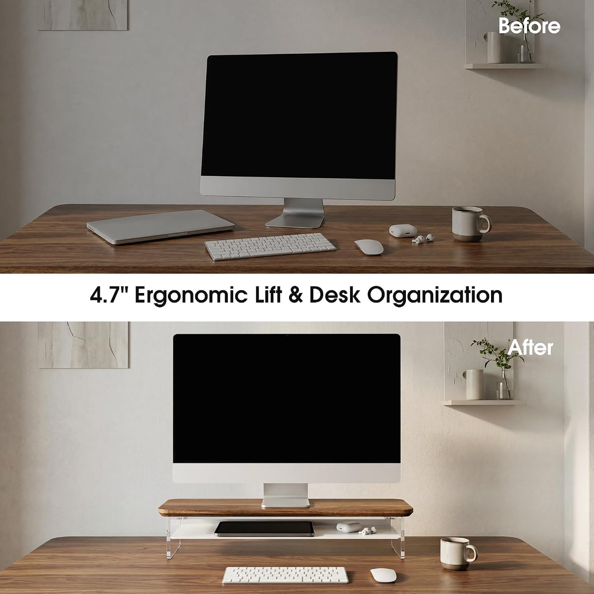 42.5" Dual Monitor Stand with Clear Acrylic Legs, White