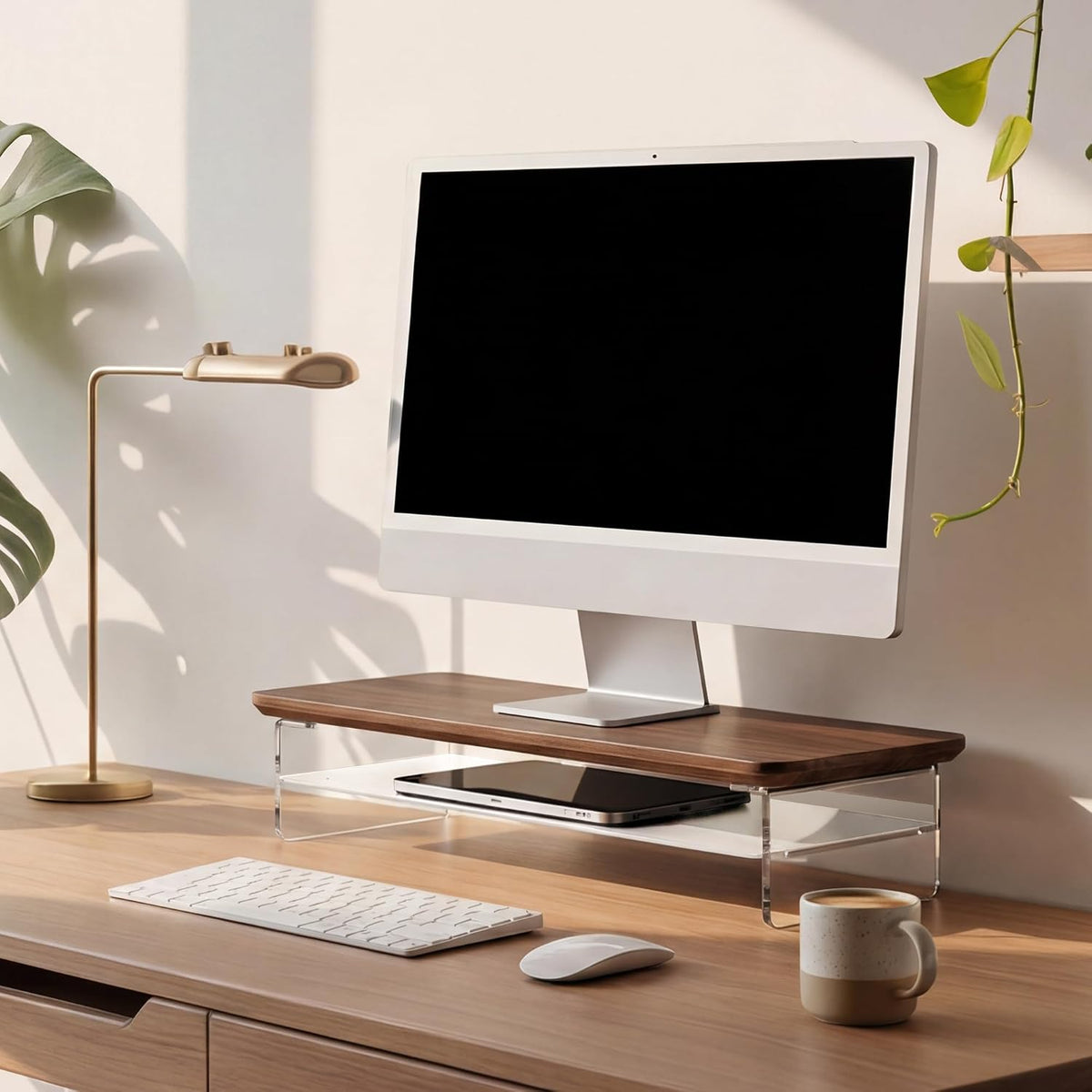 42.5" Dual Monitor Stand with Clear Acrylic Legs, White