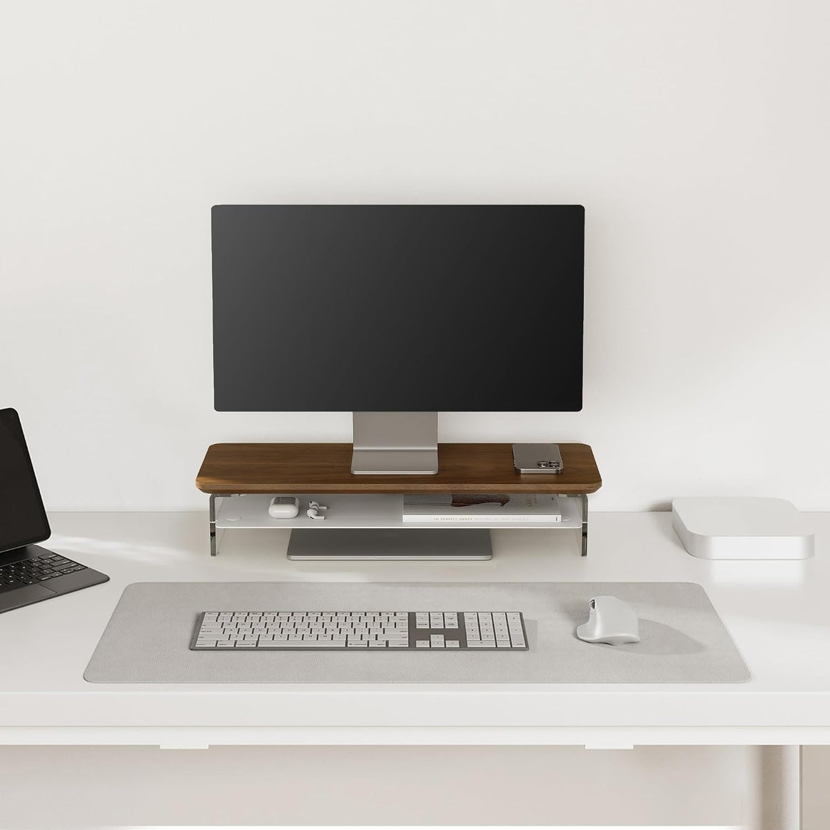 42.5" Dual Monitor Stand with Clear Acrylic Legs, White