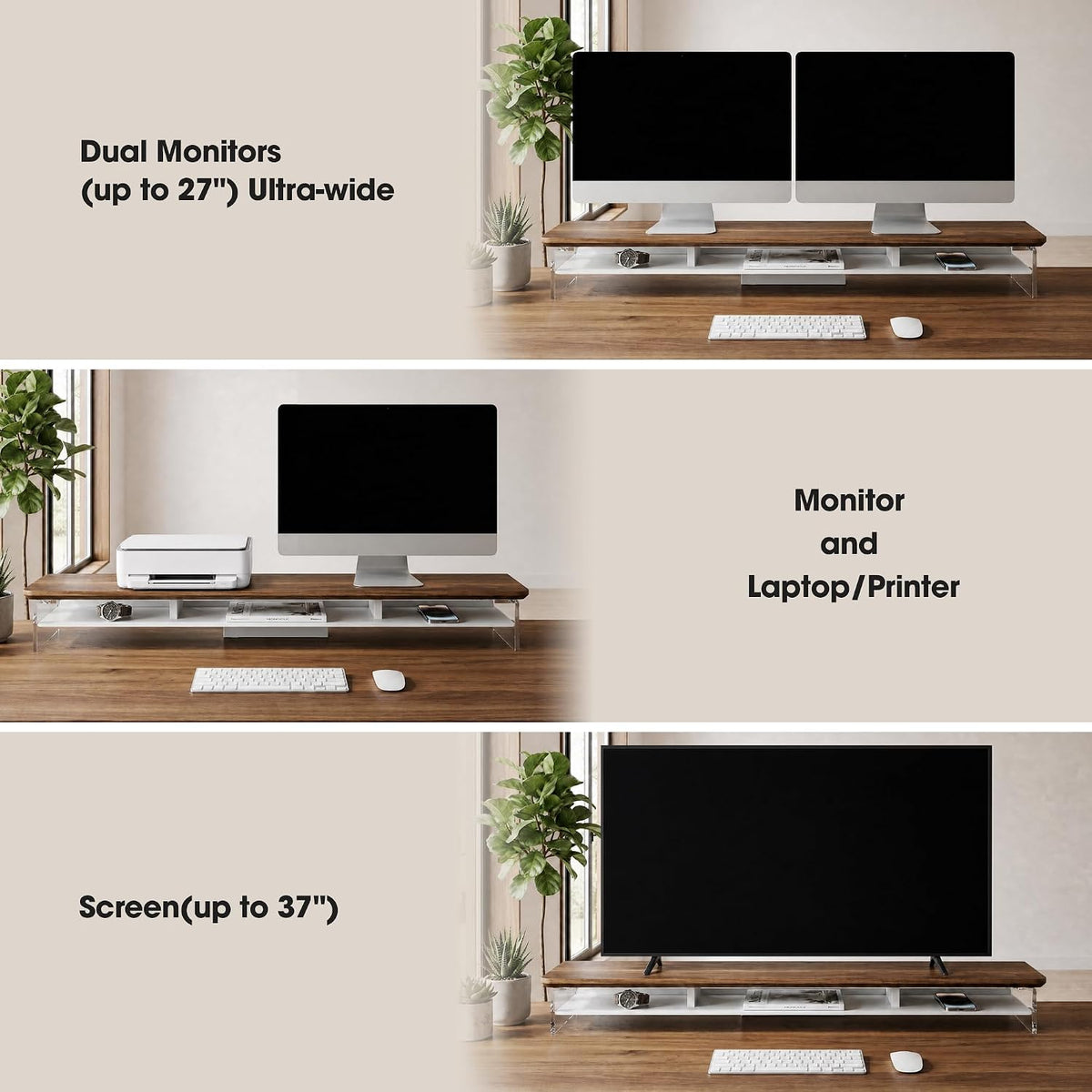 42.5" Dual Monitor Stand with Clear Acrylic Legs, White