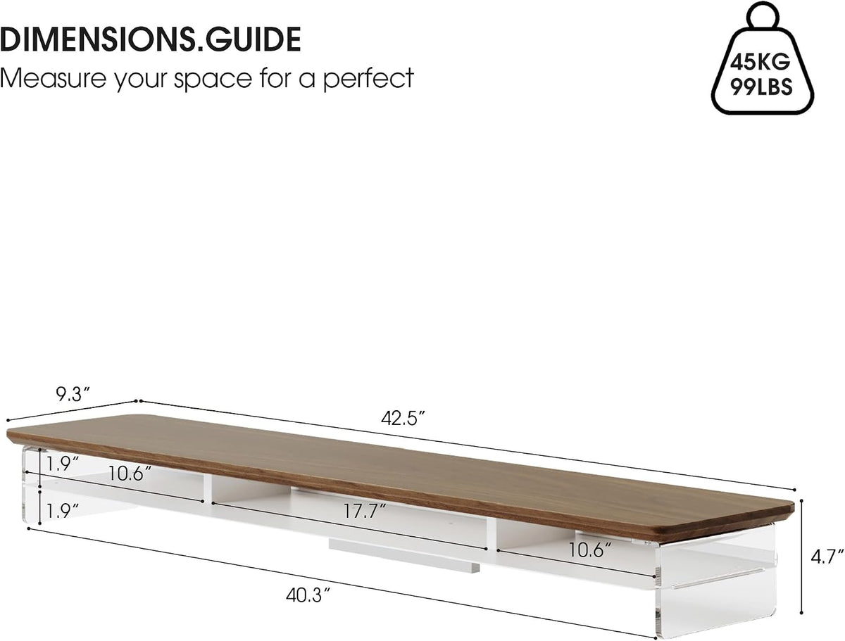 42.5" Dual Monitor Stand with Clear Acrylic Legs, White