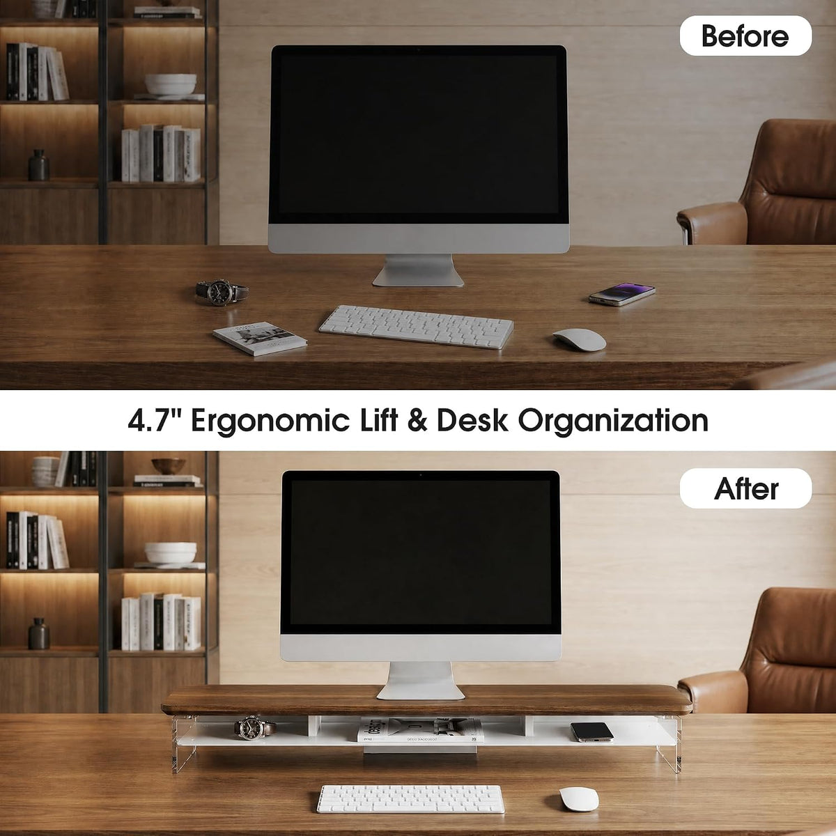 42.5" Dual Monitor Stand with Clear Acrylic Legs, White