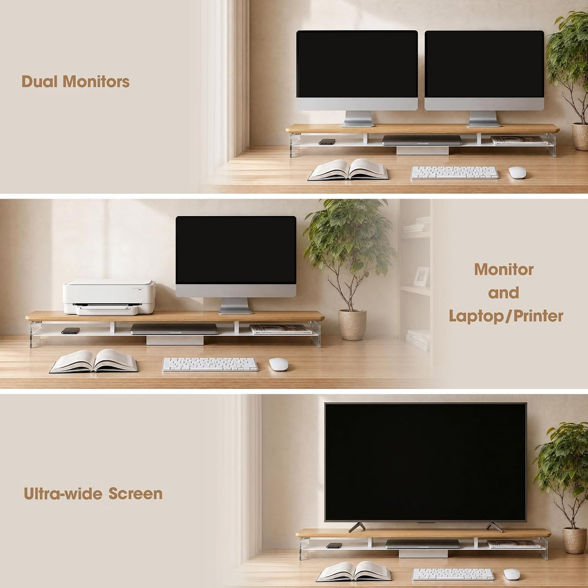 42.5" Dual Monitor Stand with Clear Acrylic Legs, White
