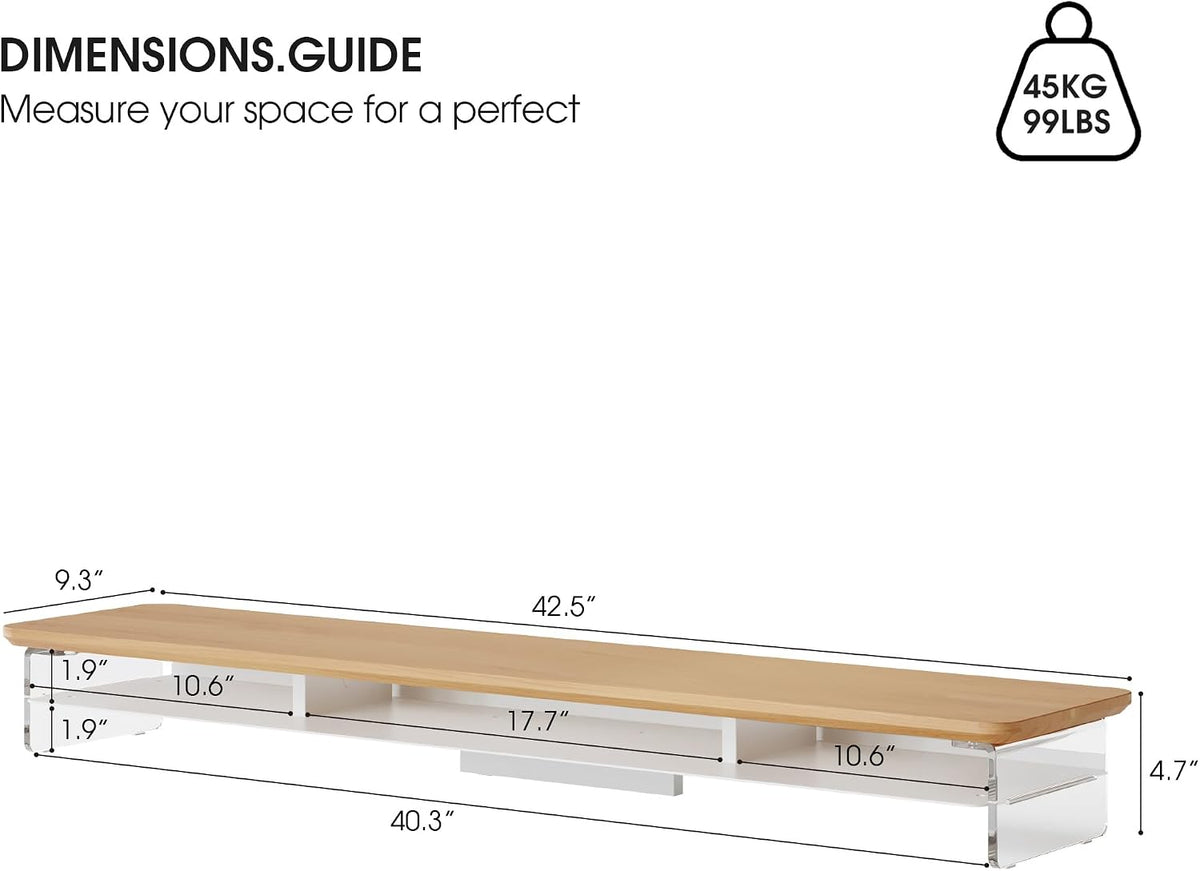42.5" Dual Monitor Stand with Clear Acrylic Legs, White