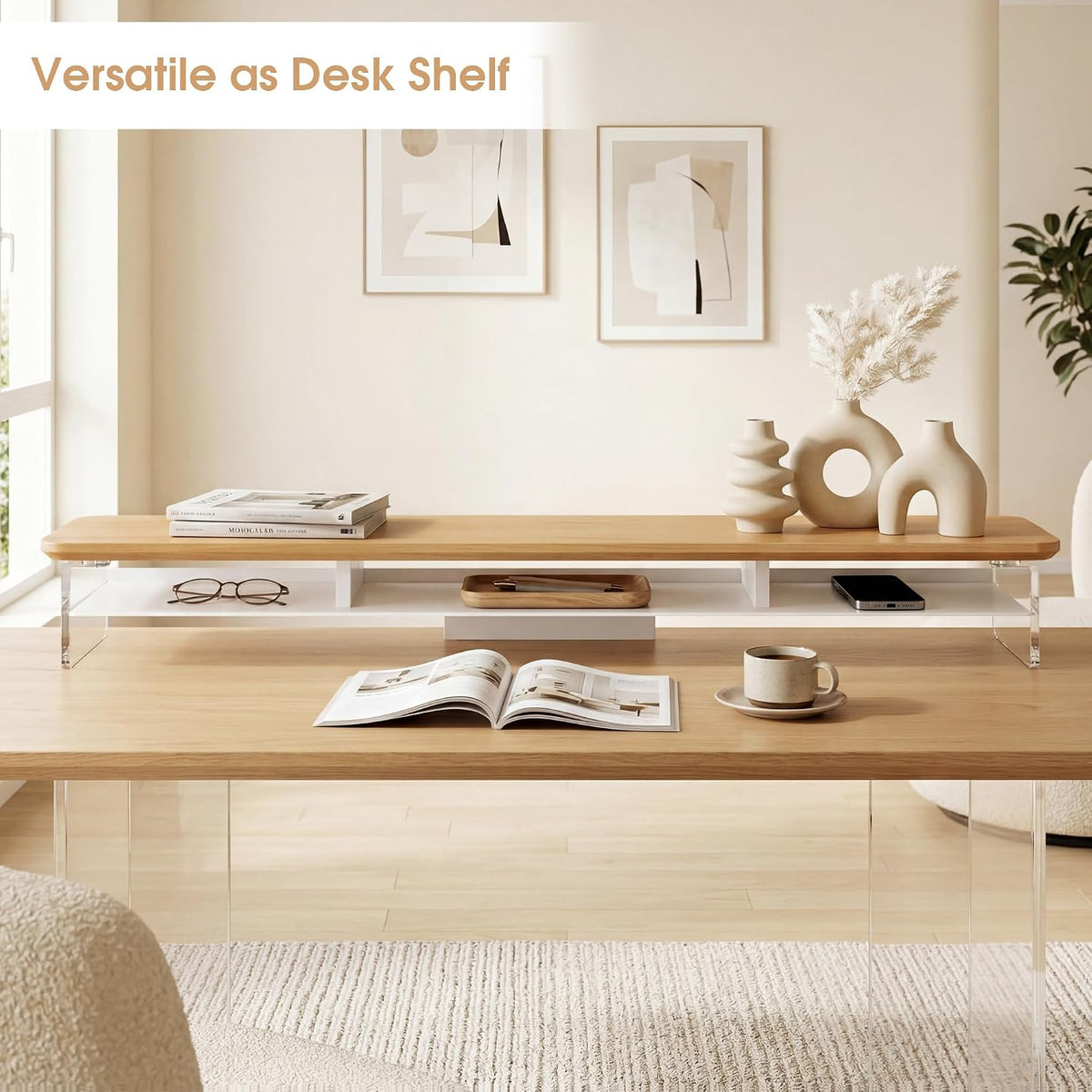 42.5" Dual Monitor Stand with Clear Acrylic Legs, White