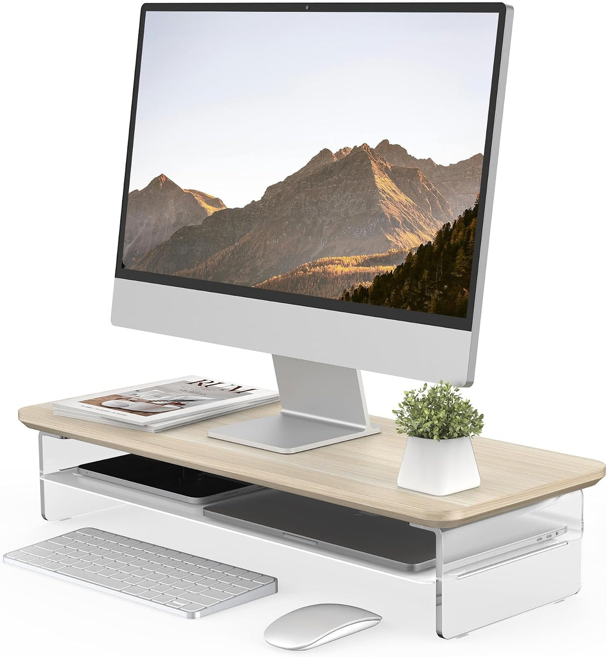 42.5" Dual Monitor Stand with Clear Acrylic Legs, White