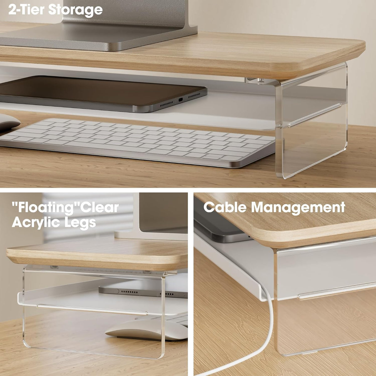 42.5" Dual Monitor Stand with Clear Acrylic Legs, White
