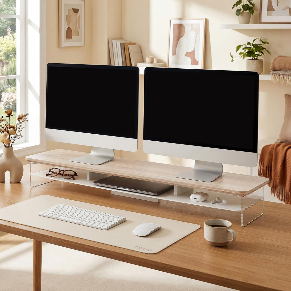 42.5" Dual Monitor Stand with Clear Acrylic Legs, White