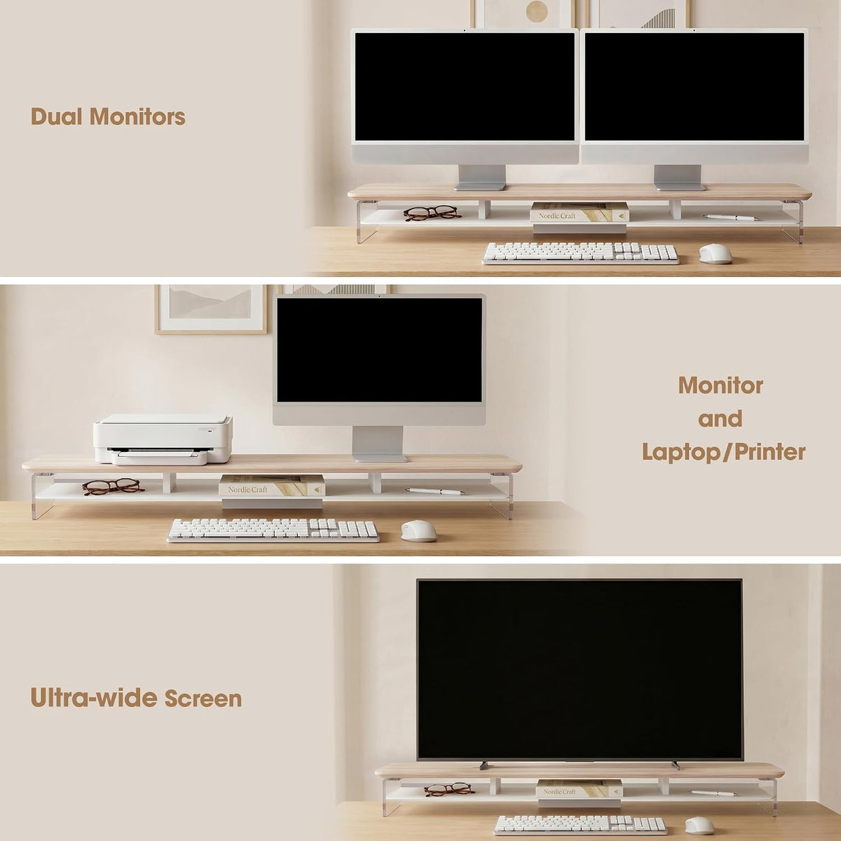 42.5" Dual Monitor Stand with Clear Acrylic Legs, White