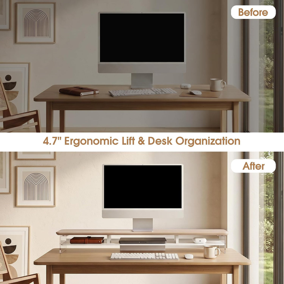42.5" Dual Monitor Stand with Clear Acrylic Legs, White