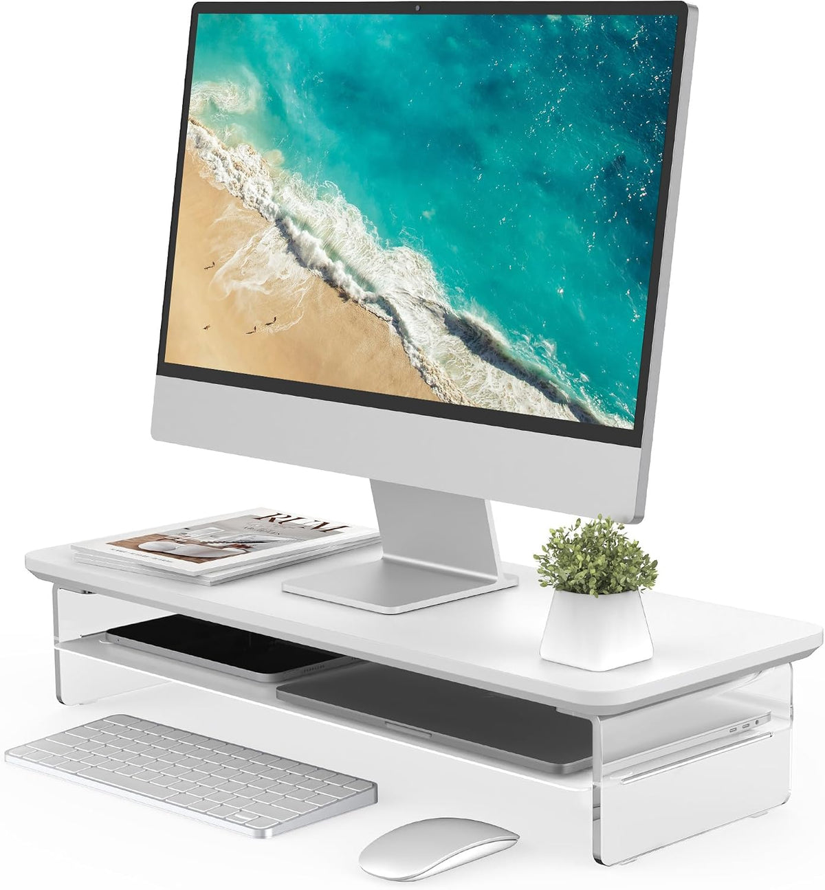 42.5" Dual Monitor Stand with Clear Acrylic Legs, White
