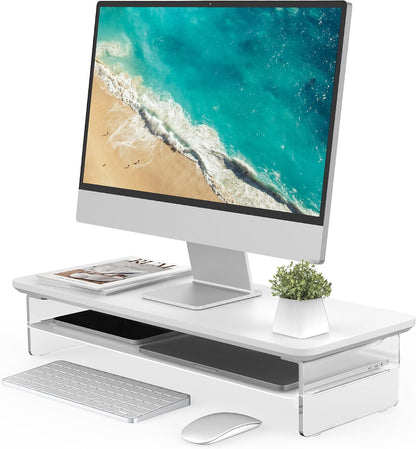 42.5" Dual Monitor Stand with Clear Acrylic Legs, White