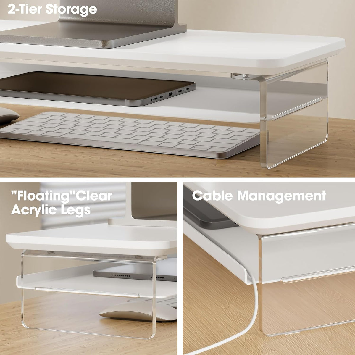 42.5" Dual Monitor Stand with Clear Acrylic Legs, White