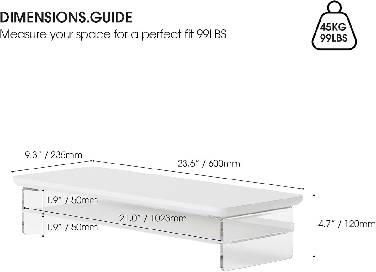 42.5" Dual Monitor Stand with Clear Acrylic Legs, White