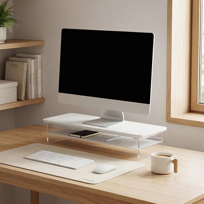 42.5" Dual Monitor Stand with Clear Acrylic Legs, White